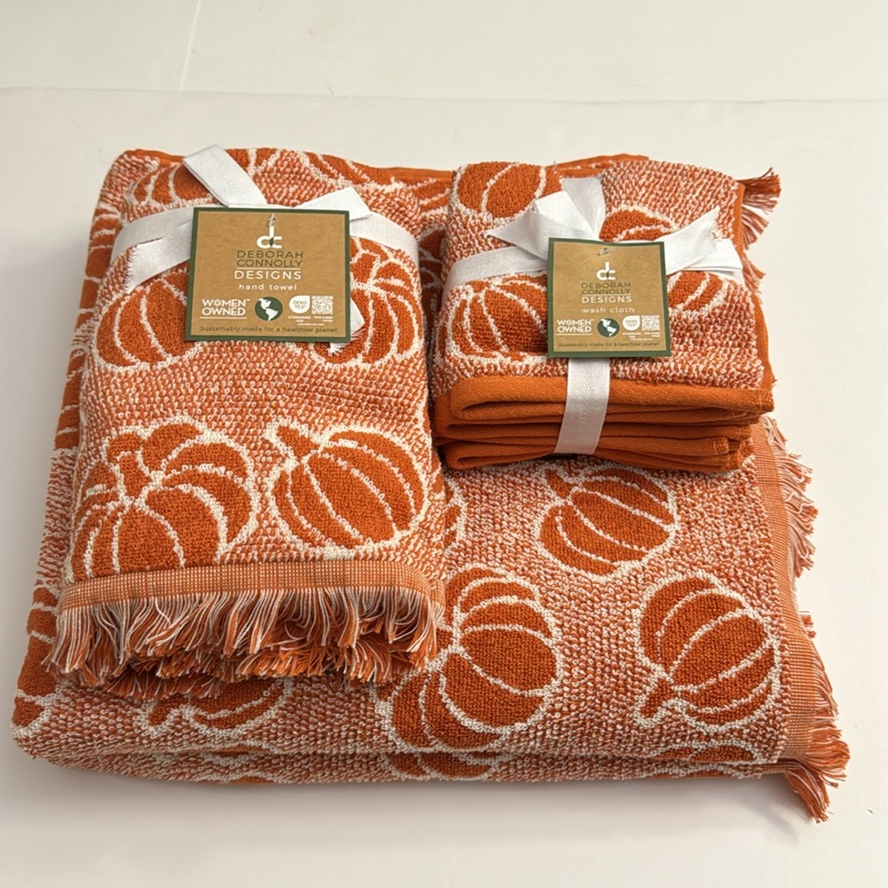 8pc Deborah Connolly Pumpkin Print Bath Towel Set With Fringe - Pump Min…